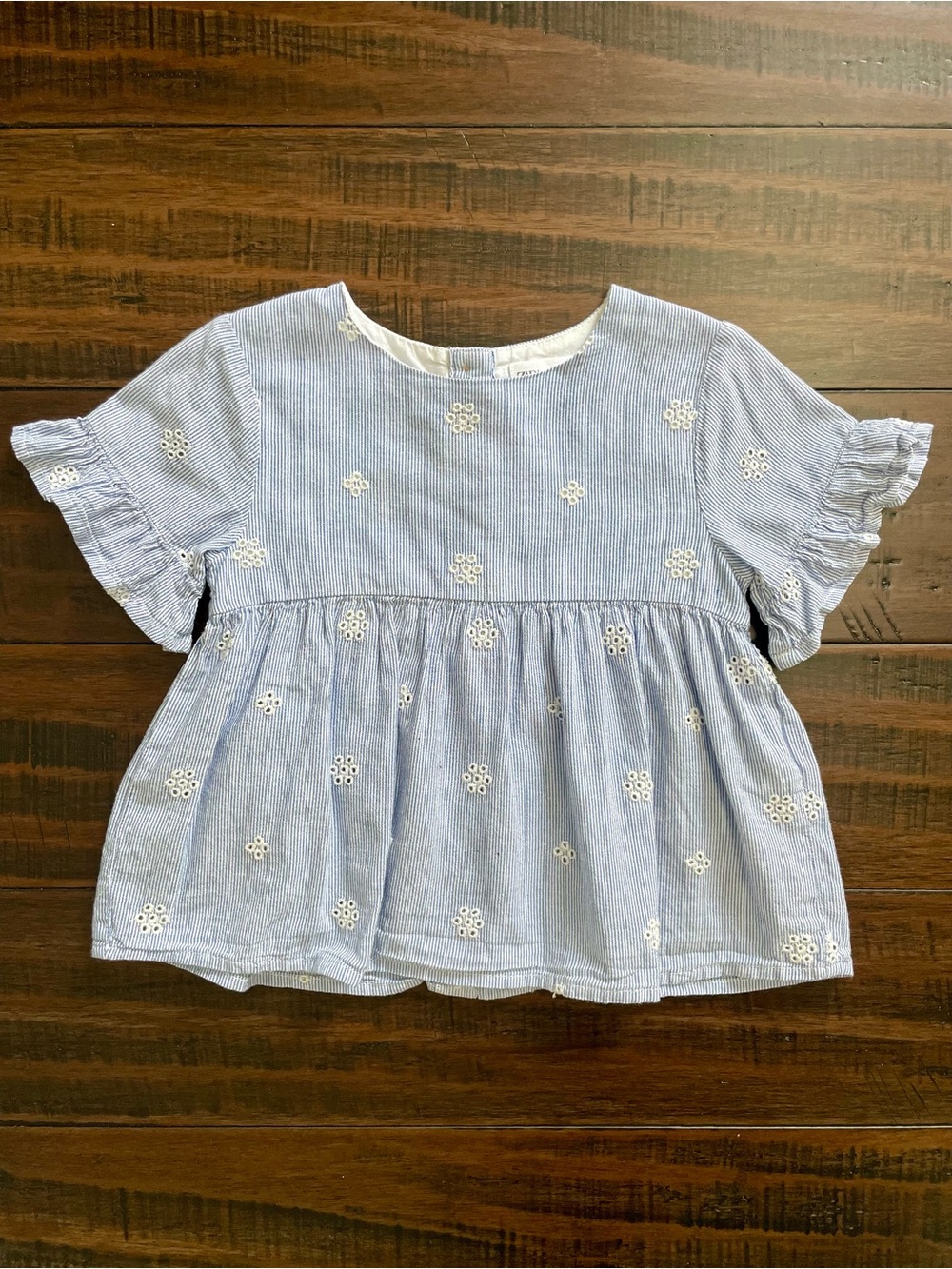 Zara Blue Stripe Embroidered Eyelet Ruffle Trim Top